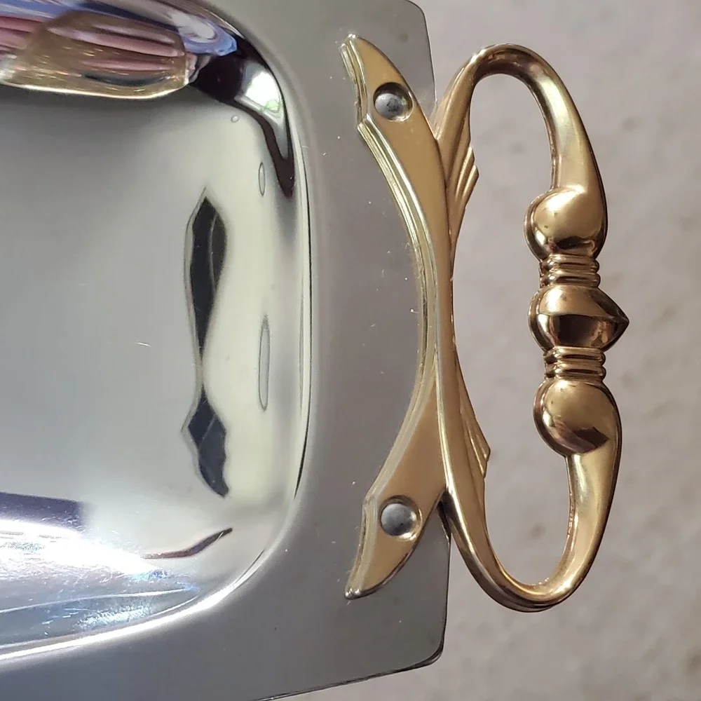 2 VTG Kromex Chrome Serving Trays Gold Handles‎ Mid Century Modern Round Oblong